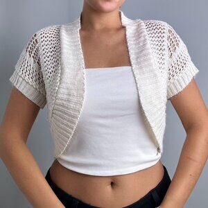 Y2K Derek Heart Cream Open Knit Crochet Short Sleeve Bolero